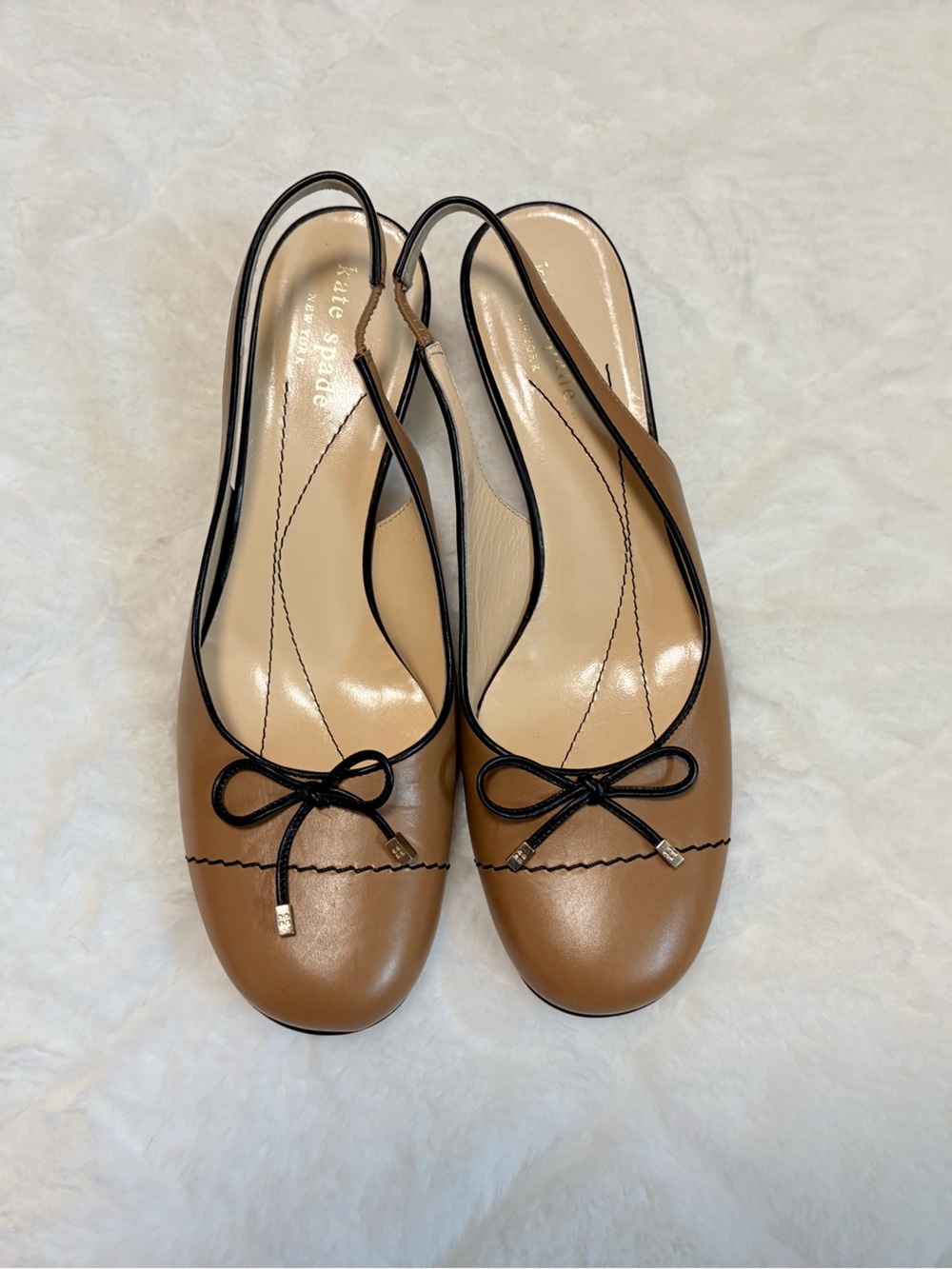kate spade Tan Leather Slingback Ballet Flats with Black Trim and Bow